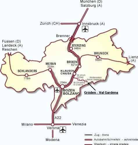Map of South Tyrol with main traffic routes and location of Val Gardena.